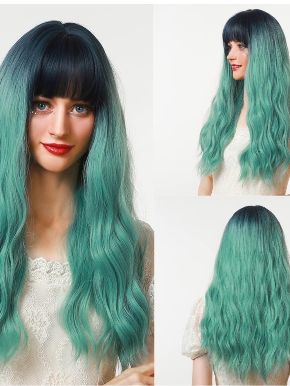 Long Wavy Ombre Mint Green Wig with Blunt Bangs
